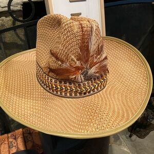 Quality Straw Western Cowboy Hat with Feather Trim Medium Size